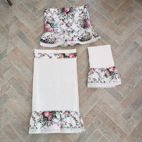 Vintage 90s Cafe Curtains Cabbage Rose 3PC Cotton New - Picture 3 of 5